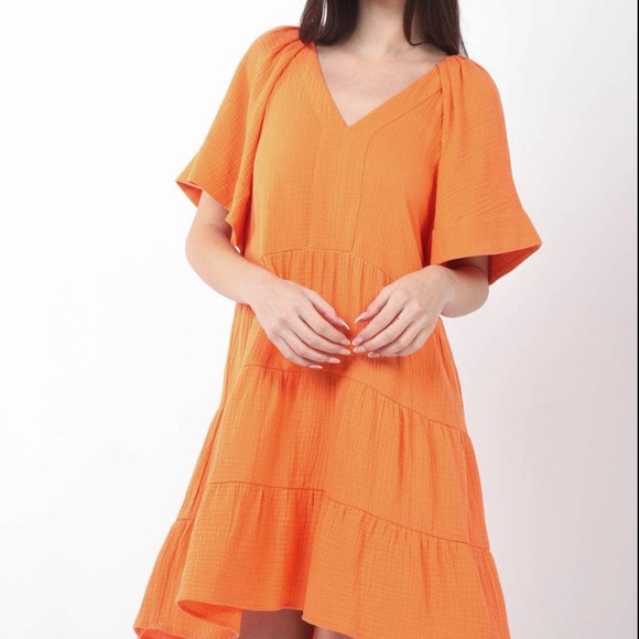 Very J Apricot Solid Gauze Babydoll Tiered Flare Mini Dress - Picture 4 of 4